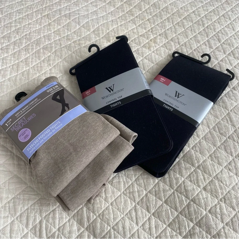 NWT Bundle of 3 Pair Tights Small Medium 2 black control top, 1 taupe fleece